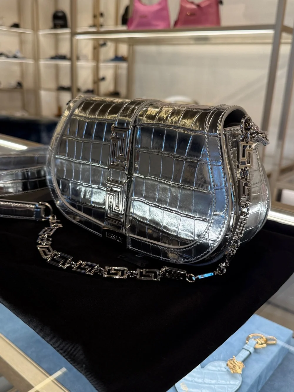 Versace Metallic Silver Croc-Embossed Crossbody Bag with Chain Strap - Picture 4 of 8